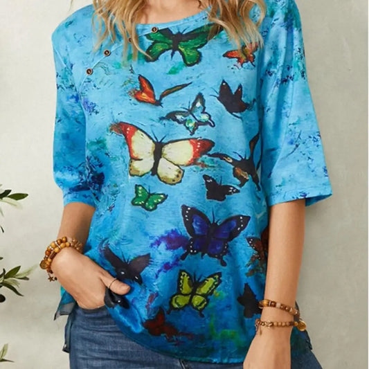 Graphic Tee Shirts Women V-neck Flower Print Short Sleeve Casual Loose