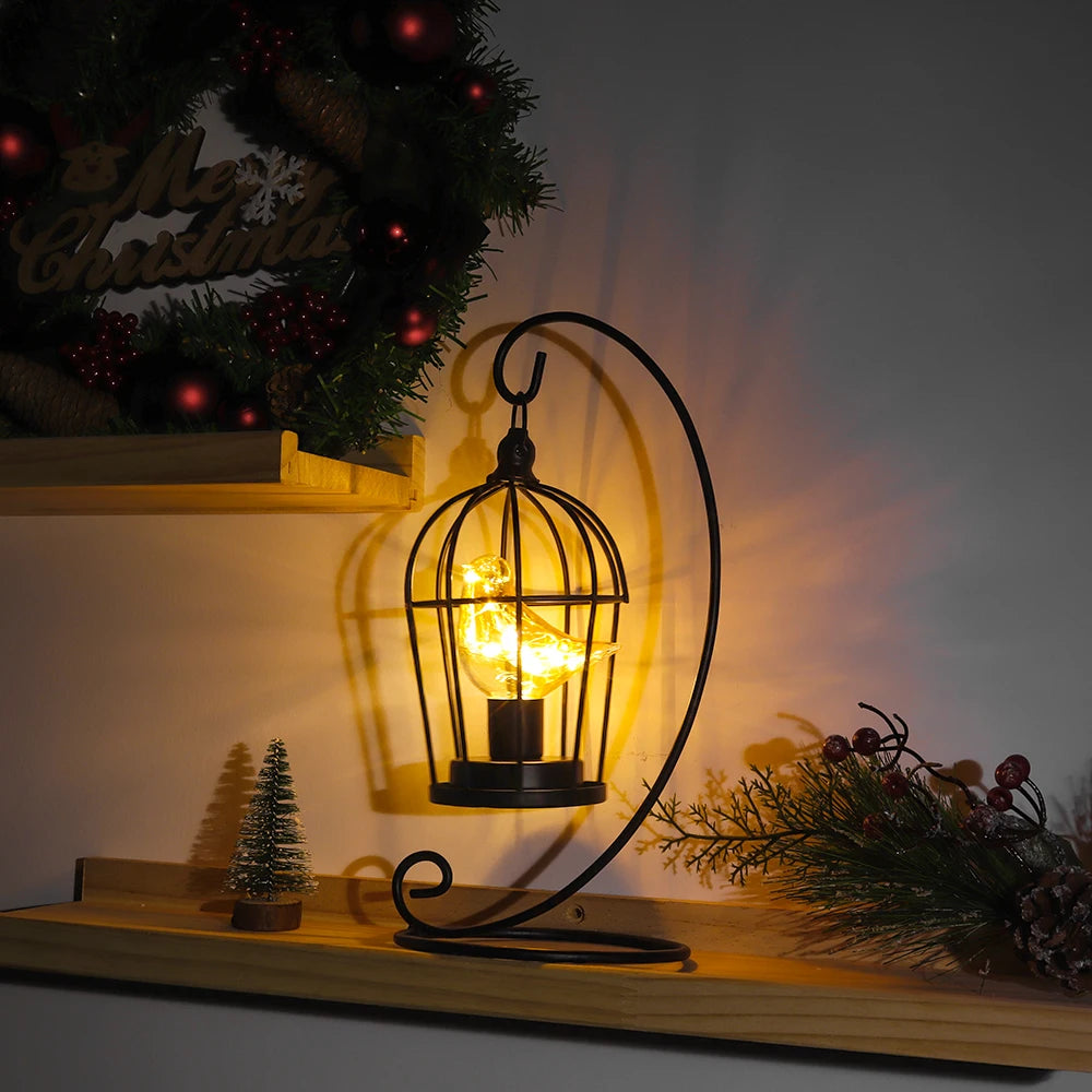 Creative Iron Birdcage Table Lamp Warm Light Vintage Lantern Bedroom Ornament Bedside Lamps Desk Light for Wedding Home Decor