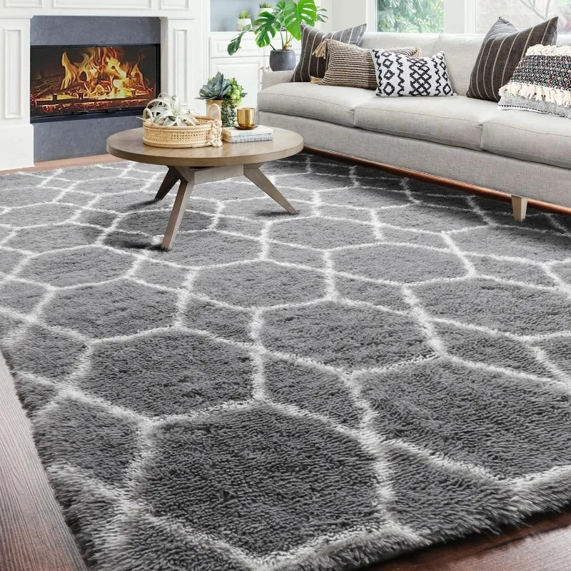 Geometric Area Rug Modern Shag Fluffy Floor Kids Room  Living Room Bedroom