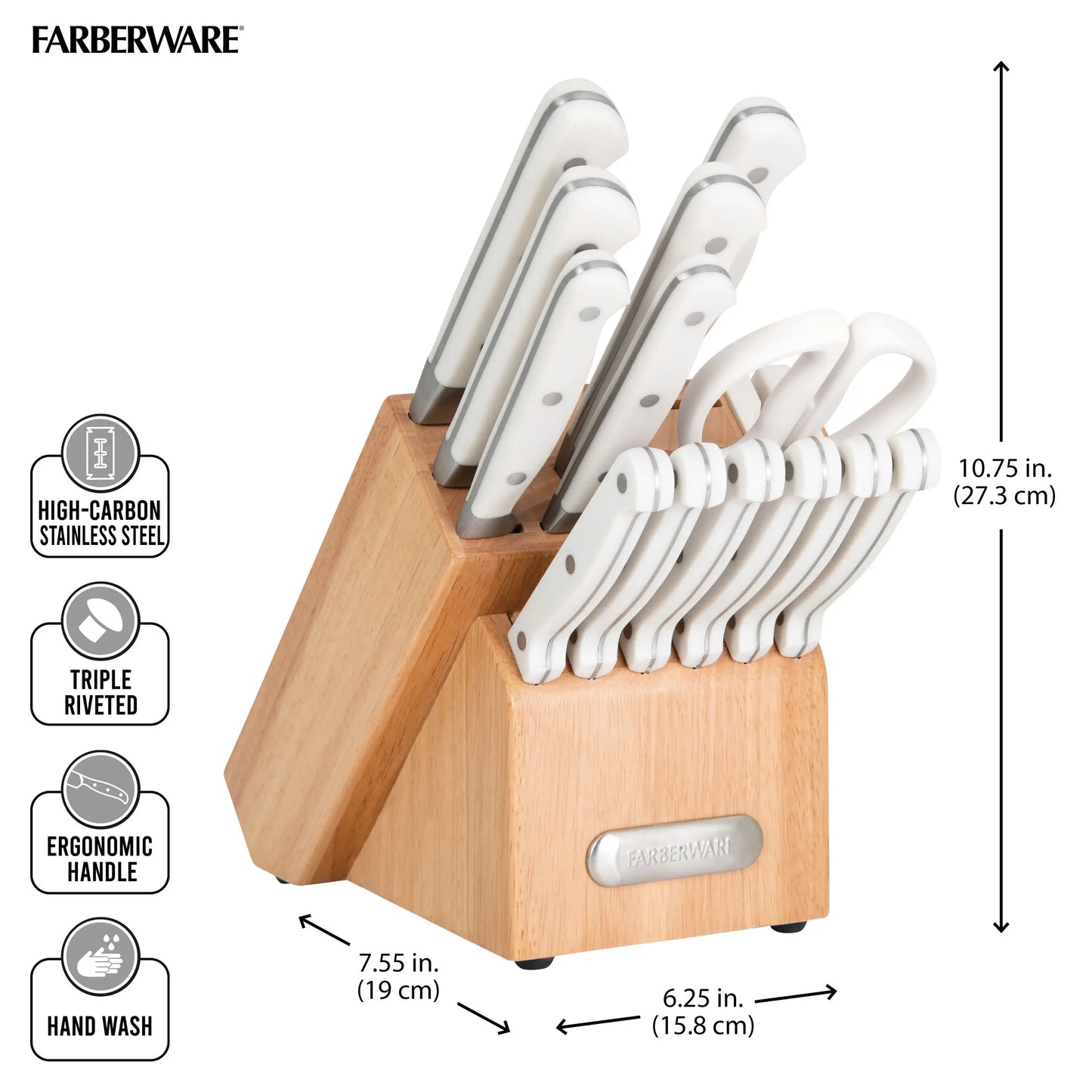 Farberware EdgeKeeper  14-Piece Forged Triple Rivet Kitchen Knife Block Set, White