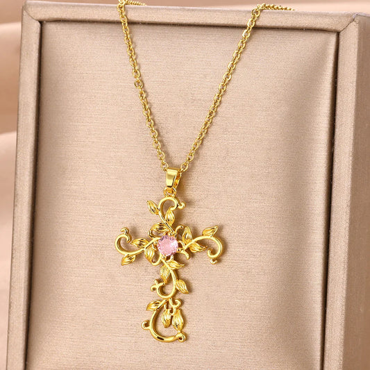 Classic Cross Choker Pink Zircon Necklaces Fashion Jewelry Gifts