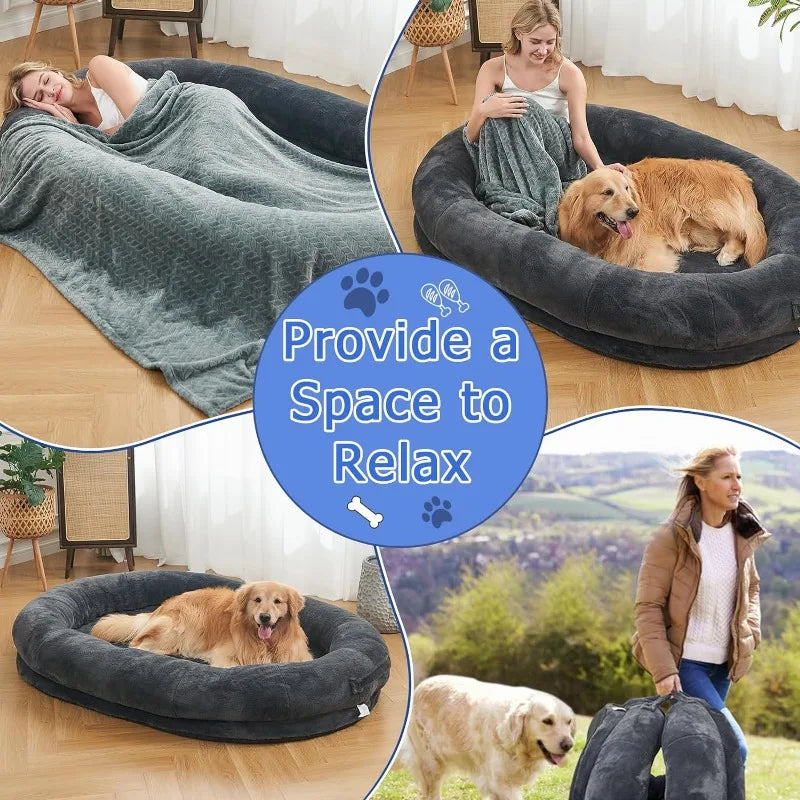 Human Dog Bed Nap Bed w/ Soft Blanket Beanbag Bed Faux Fur Fluffy Dog Bed for Large Dogs