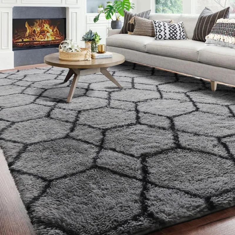 Geometric Area Rug Modern Shag Fluffy Floor Kids Room  Living Room Bedroom