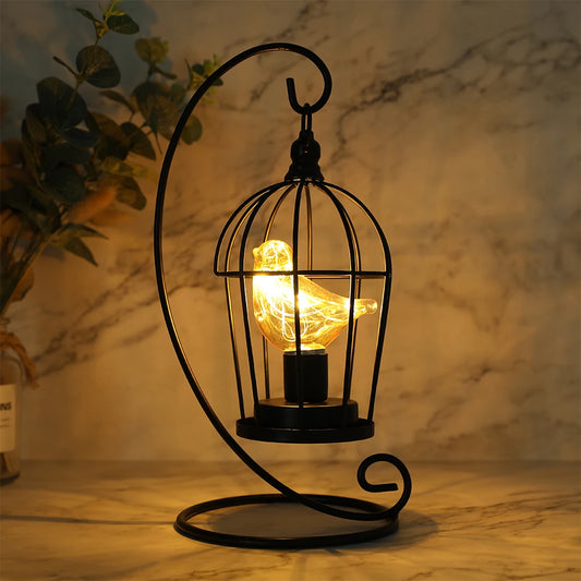 Creative Iron Birdcage Table Lamp Warm Light Vintage Lantern Bedroom Ornament Bedside Lamps Desk Light for Wedding Home Decor