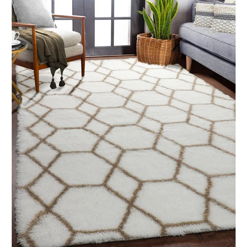 Geometric Area Rug Modern Shag Fluffy Floor Kids Room  Living Room Bedroom