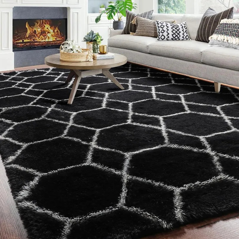 Geometric Area Rug Modern Shag Fluffy Floor Kids Room  Living Room Bedroom