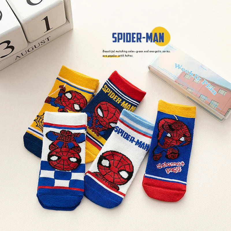 5 Pairs Children Socks Spiderman Anime Kids Boys Short Sock Iron Man Captain America Cartoon Baby Summer Spring Mesh Socks 1-12Y