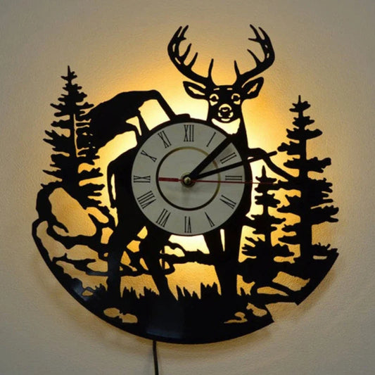 Forest Deer Vinyl Record Wall Clock LED Night Light Remote Control Art Creative Home Decoration Children's Gift Wall Clock