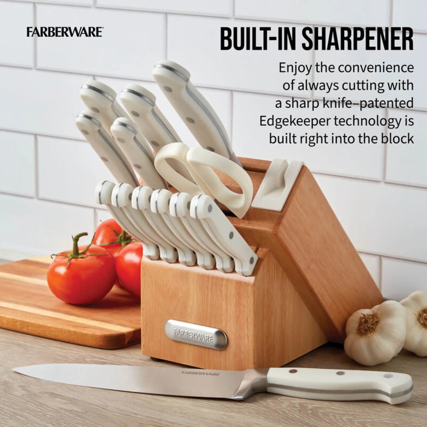 Farberware EdgeKeeper  14-Piece Forged Triple Rivet Kitchen Knife Block Set, White